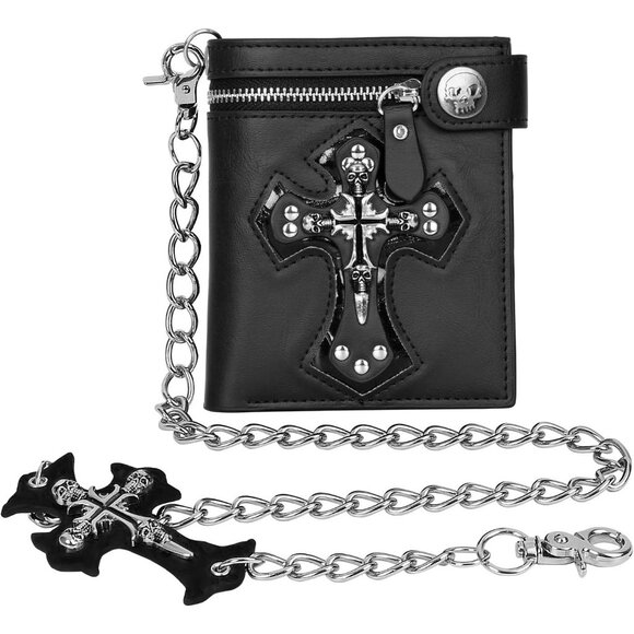 Unisex Gothic Chain Wallet  Black Bifold with Cross & Skull Design - Picture 1 of 7